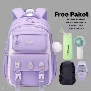 Tas Ransel 5in1 Kharissa Ransel Anak Sekolah Perempuan SD SMP SMA Free Botol Minum+Jam+Raincover+Kipas